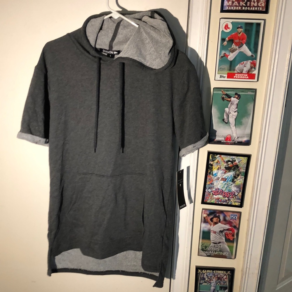 Hooded Short Sleeve Hoodie Kangaroo Pockets Belicheck Top Gray Sweatshirt Mens L